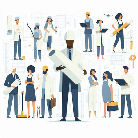 Architects and engineers. Engineer, architect, builder, engineer, architect, engineer, architect, engineer, architect, architect, engineer, architect, engineer, vector illustrationのイラスト素材