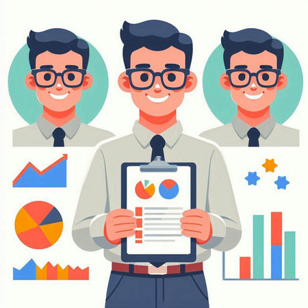 Businessman in glasses holding a clipboard with charts and graphs. Vector illustration.のイラスト素材