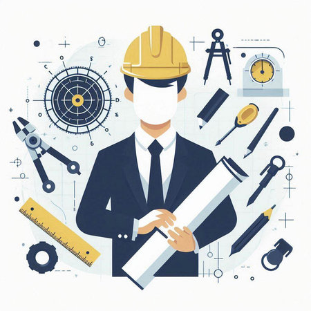 Engineer with safety helmet and drawing tools. Vector illustration in flat styleのイラスト素材