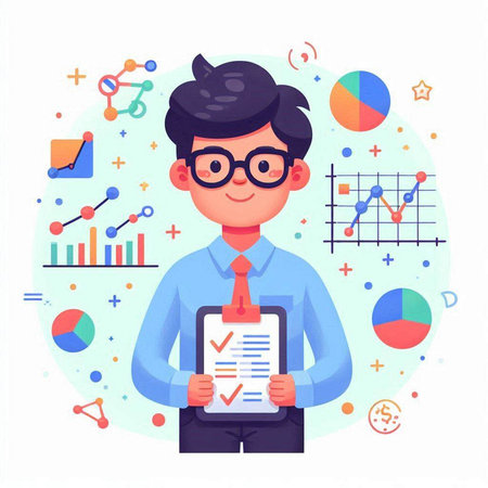 Businessman in glasses holding a clipboard with a checklist. Vector illustrationのイラスト素材
