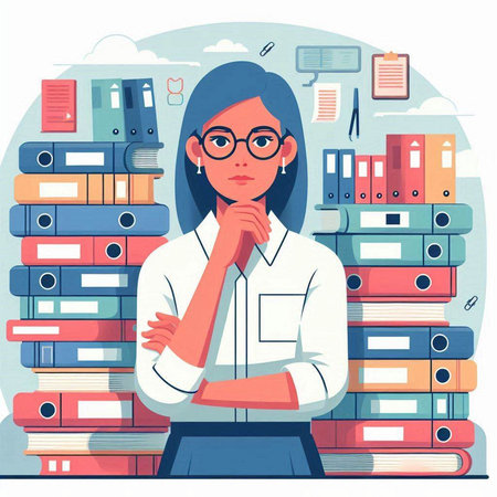 Woman in office with pile of folders. Vector illustration in flat styleのイラスト素材