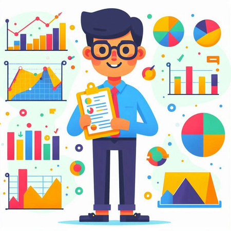 Businessman in glasses holding clipboard with report. Vector illustration in flat styleのイラスト素材