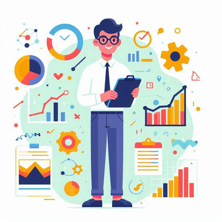 Businessman with clipboard. Vector illustration in flat style. Businessman with clipboard.のイラスト素材