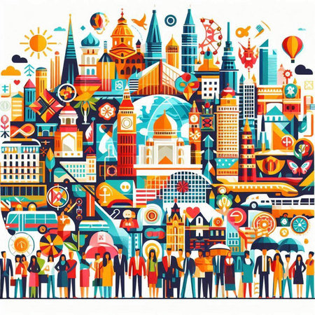 Travel and tourism concept. Vector illustration in flat style. Cityscape with famous tourist attractions.のイラスト素材