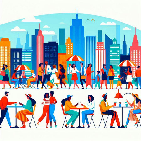 Crowd of people walking in the city. Urban life vector illustration.のイラスト素材