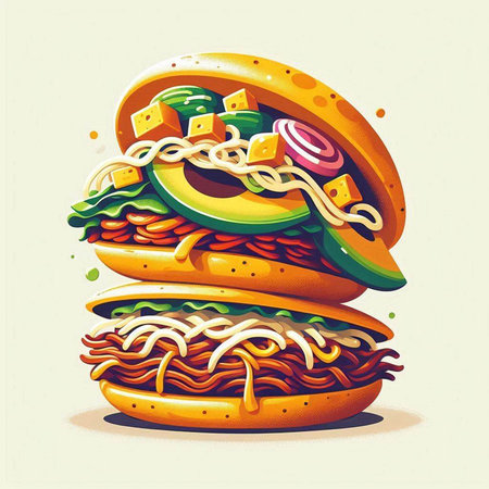 Hamburger with cheese and vegetables. Vector illustration in retro style.のイラスト素材