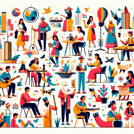Travel around the world. People in the city. Vector illustration.のイラスト素材