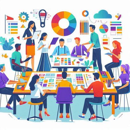 Flat design modern vector illustration concept of teamwork, brainstorming, brainstorming, meeting, working, brainstorming, business people.のイラスト素材