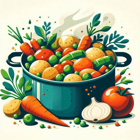 Vegetable stew with carrots, potatoes and peas in a pot. Vector illustration.のイラスト素材