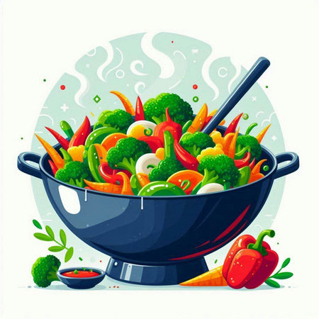 Vegetable stew in a wok with chopsticks. Vector illustration.のイラスト素材
