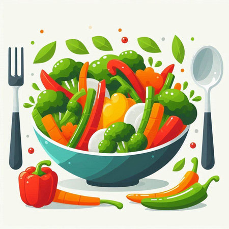 Vegetable salad in bowl with fork and spoon. Vector illustration.のイラスト素材