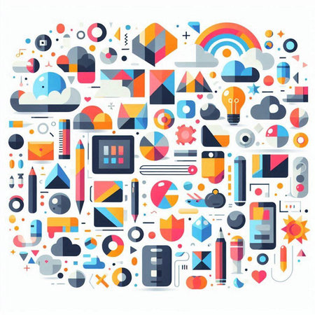 Colorful geometric background with different shapes and elements. Vector illustration.のイラスト素材