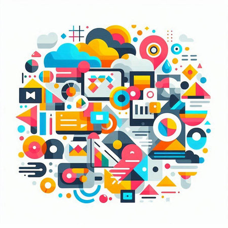 Flat design modern vector illustration concept of cloud computing technology. Colorful geometric shapes in the shape of a circleのイラスト素材