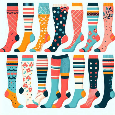 Set of colorful socks with different patterns. Vector illustration in flat style.のイラスト素材