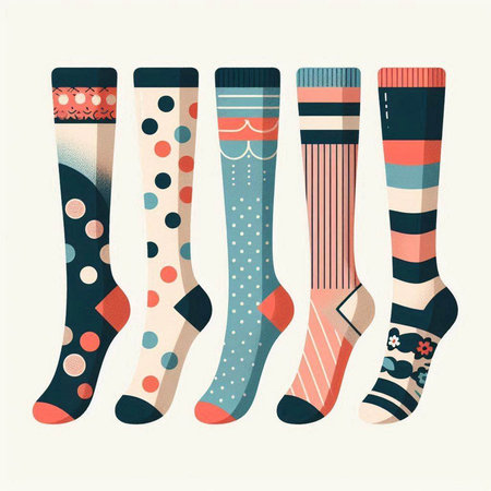 Set of different socks with different patterns. Vector illustration in flat style.のイラスト素材
