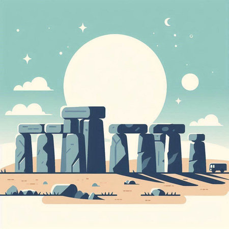 Stonehenge in the desert with full moon. Vector illustration.のイラスト素材