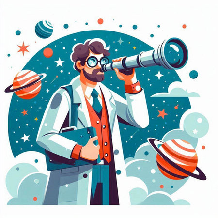 Astronaut looking through binoculars. Vector illustration in cartoon styleのイラスト素材