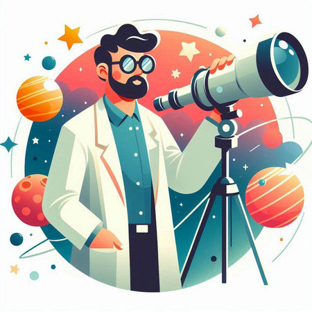 Scientist looking through telescope. Vector illustration in cartoon style on the theme of science.のイラスト素材