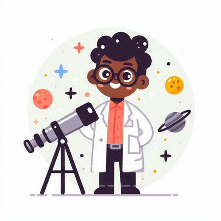 Scientist boy in glasses with telescope. Vector illustration in cartoon styleのイラスト素材