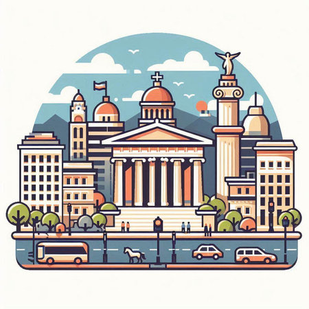 Flat style vector illustration of Washington DC cityscape with famous buildings.のイラスト素材
