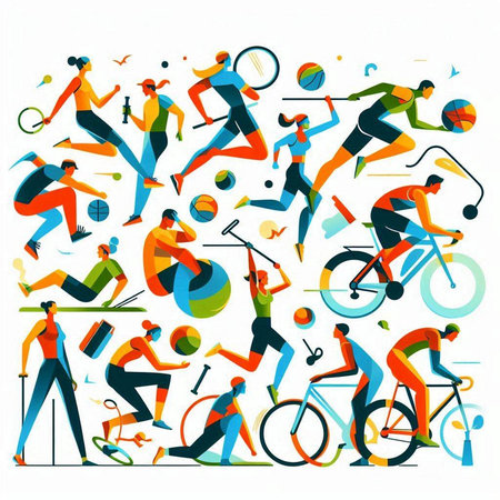 Set of people doing sport. Men and women playing volleyball, cycling, tennis, badminton, baseball, tennis, rugby, tennis, tennis, badminton. Vector illustrationのイラスト素材