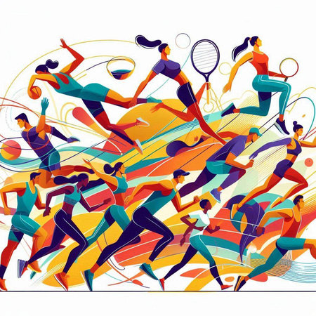 Vector illustration of a tennis player. Sport background with running people.のイラスト素材