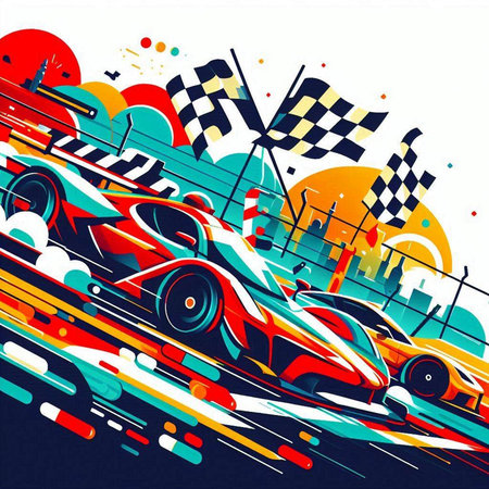Race car background with checkered flag and racing cars. Vector illustration.のイラスト素材
