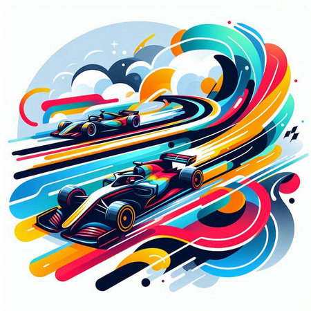 Vector illustration of a racing car on a background of colored stripes.のイラスト素材