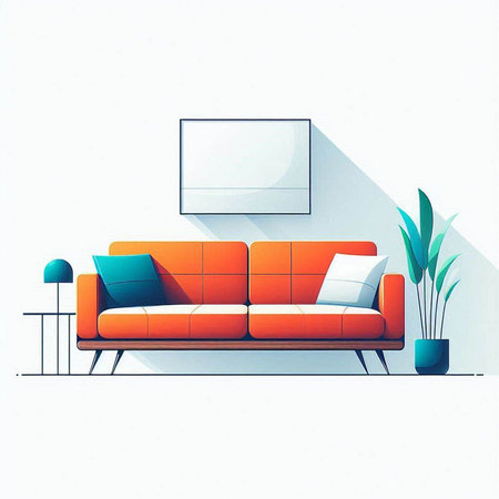 Modern interior of living room with orange sofa, lamp, potted plant, TV and picture frame. Vector illustration.のイラスト素材