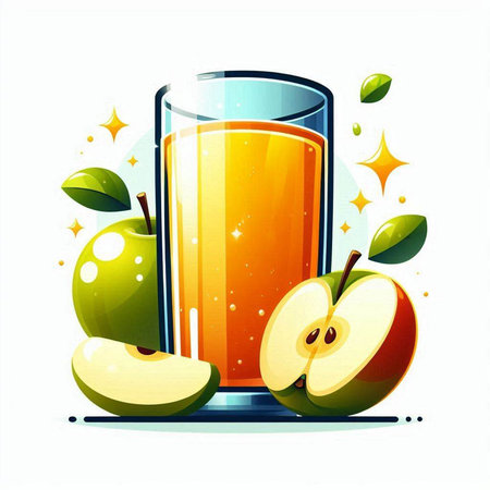 Glass of apple juice with apple slices and leaves. Vector illustration.のイラスト素材