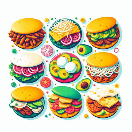 Hamburger icons set. Hand drawn vector illustration of fast food.のイラスト素材