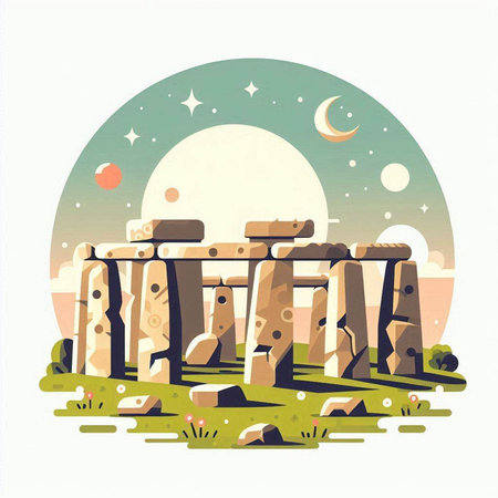Stonehenge at night. Hand drawn vector illustration in cartoon style.のイラスト素材