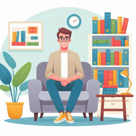 Man sitting on sofa in living room vector illustration. Male character in casual clothes and eyeglasses sitting on armchair in living room with bookshelf, bookcase and clockのイラスト素材