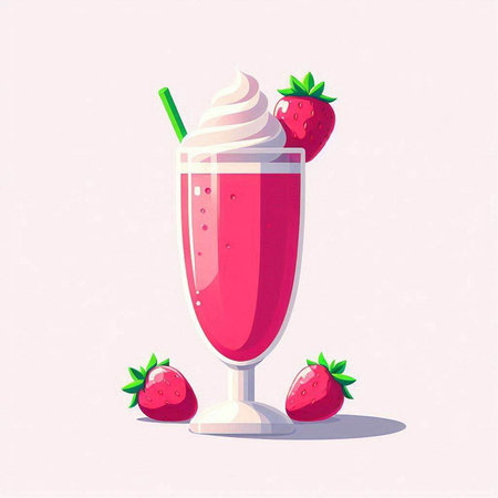 Strawberry milkshake with whipped cream and fresh strawberries. Vector illustration.のイラスト素材