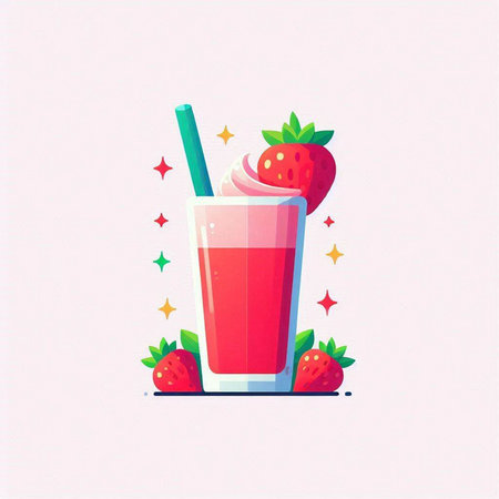 Strawberry smoothie in a glass. Vector illustration in flat style.のイラスト素材