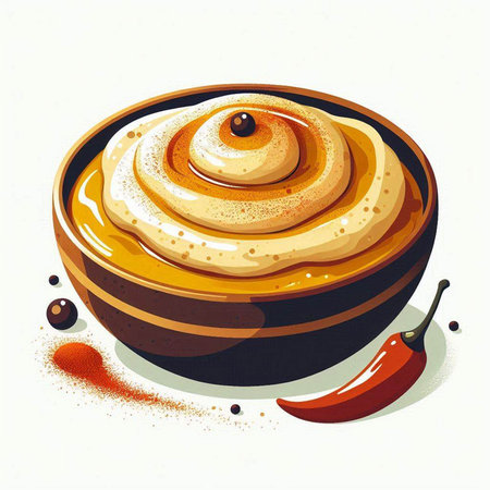Hummus in a bowl with chili pepper. Vector illustration.のイラスト素材