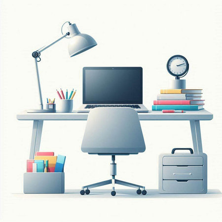 workplace with laptop, books, stationery and clock on white backgroundのイラスト素材