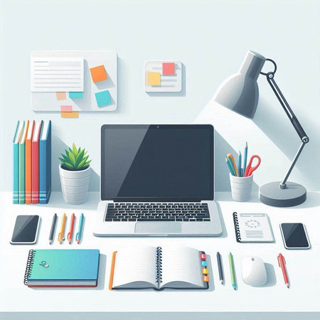 Modern workplace with laptop, stationery and other items. Vector illustration.のイラスト素材