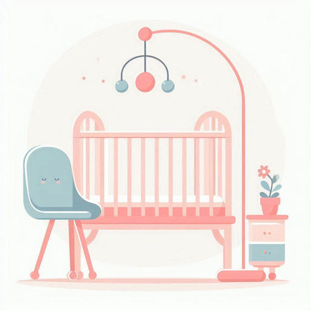 Cute vector illustration of a baby room with a crib, armchair and lamp.のイラスト素材