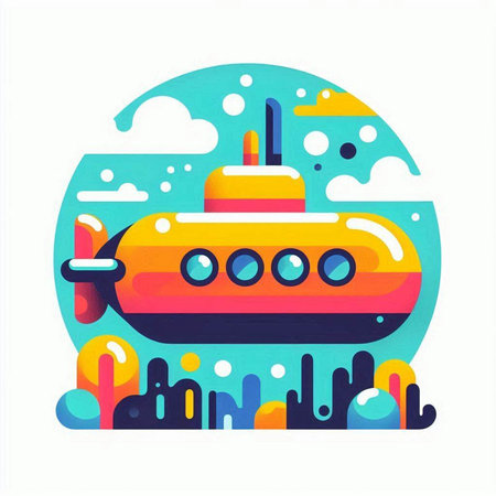Submarine in the sky. Colorful vector illustration in flat styleのイラスト素材
