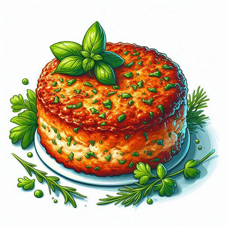 Illustration of a piece of meat cake on a plate with herbsのイラスト素材