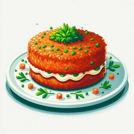 Vector illustration of a carrot cake with parsley on a plate.のイラスト素材