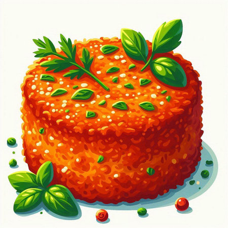 Illustration of a cake with tomato sauce and herbs on a white backgroundのイラスト素材