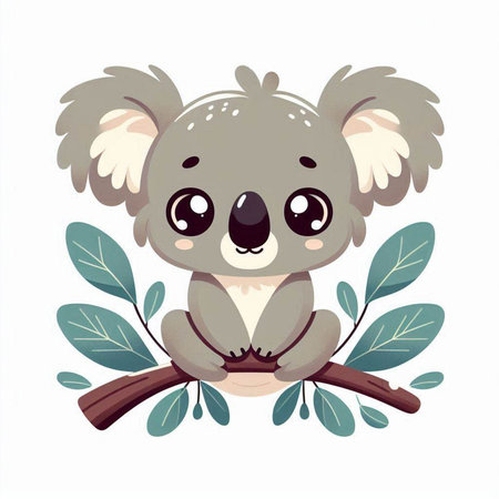 Cute cartoon koala sitting on a tree branch. Vector illustration.のイラスト素材