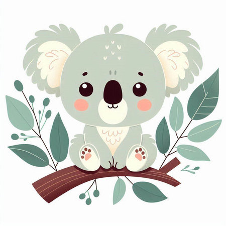 Cute cartoon koala on a tree branch. Vector illustration.のイラスト素材