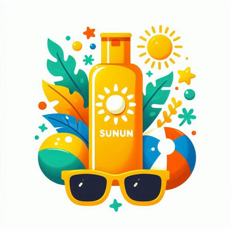 Sunscreen lotion bottle with sunglasses and sunflowers vector illustration.のイラスト素材