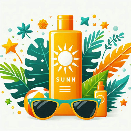 Sunscreen in a bottle with sunglasses and palm leaves. Vector illustration.のイラスト素材