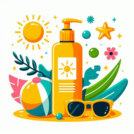 Sunscreen bottle with sunglasses, beach ball, palm leaves and sunflowers. Vector illustrationのイラスト素材