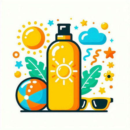 Sunblock bottle with sunbathing accessories. Vector illustration in flat styleのイラスト素材