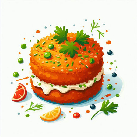 Vector illustration of a carrot cake decorated with parsley and orange.のイラスト素材